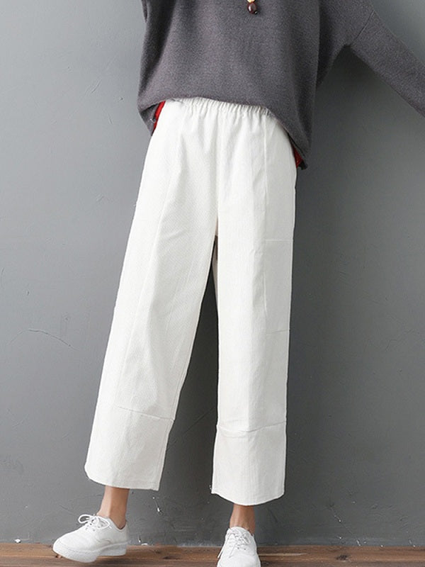 Pure Color Elastic Waist Pockets Corduroy Pants Mssza