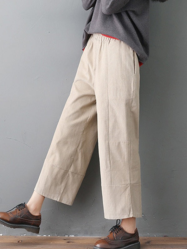 Pure Color Elastic Waist Pockets Corduroy Pants Mssza