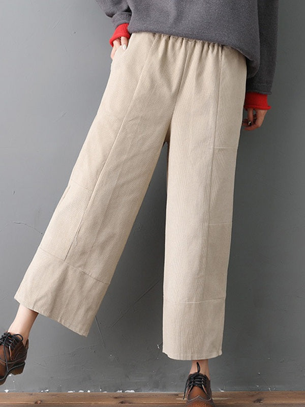 Pure Color Elastic Waist Pockets Corduroy Pants Mssza