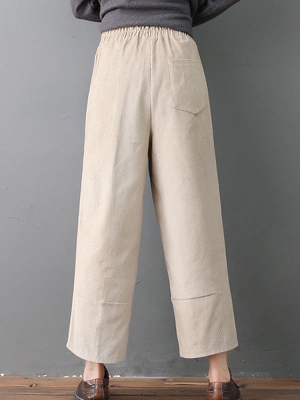 Pure Color Elastic Waist Pockets Corduroy Pants Mssza