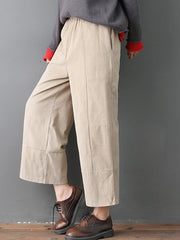 Pure Color Elastic Waist Pockets Corduroy Pants Mssza