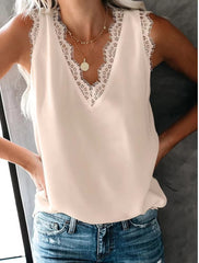 Pure Color Lace V-Neck Sleeveless Chiffon Vest Frock T-shirts Mssza