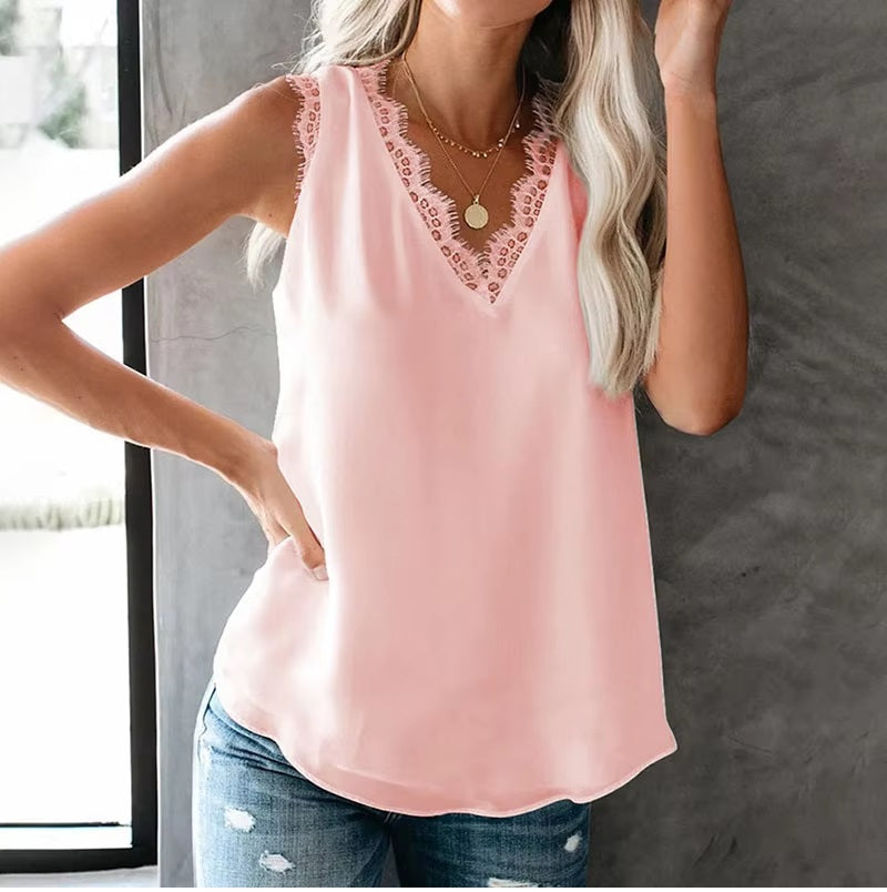 Pure Color Lace V-Neck Sleeveless Chiffon Vest Frock T-shirts Mssza