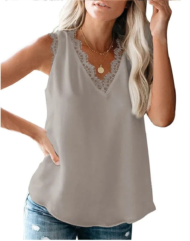 Pure Color Lace V-Neck Sleeveless Chiffon Vest Frock T-shirts Mssza