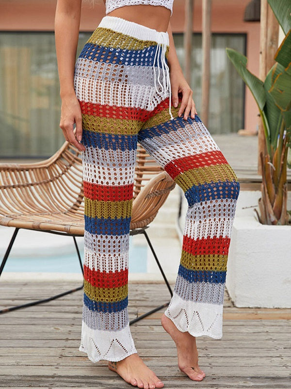 Rainbow Color Block Hollow Drawstring Elastic Waist Holiday Pants Mssza
