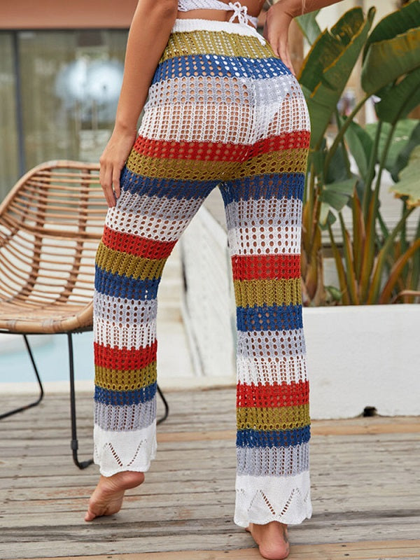 Rainbow Color Block Hollow Drawstring Elastic Waist Holiday Pants Mssza