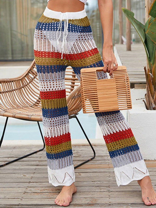 Rainbow Color Block Hollow Drawstring Elastic Waist Holiday Pants Mssza