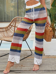 Rainbow Color Block Hollow Drawstring Elastic Waist Holiday Pants Mssza