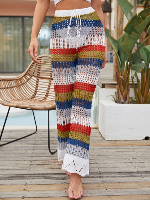 Rainbow Color Block Hollow Drawstring Elastic Waist Holiday Pants Mssza