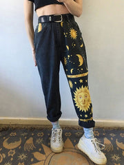 Raised Waist Sun Moon Printed Straight Trousers Casual Jeans Mssza