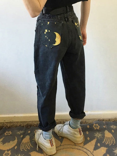 Raised Waist Sun Moon Printed Straight Trousers Casual Jeans Mssza