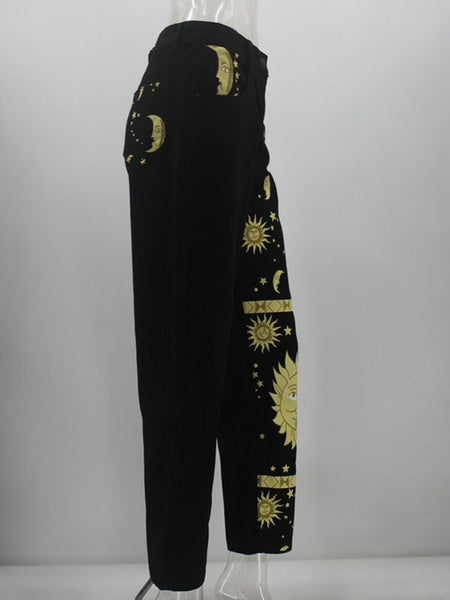 Raised Waist Sun Moon Printed Straight Trousers Casual Jeans Mssza