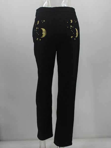 Raised Waist Sun Moon Printed Straight Trousers Casual Jeans Mssza