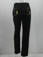Raised Waist Sun Moon Printed Straight Trousers Casual Jeans Mssza