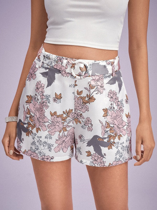 Flower Print Pocket Shorts With Belt Mssza