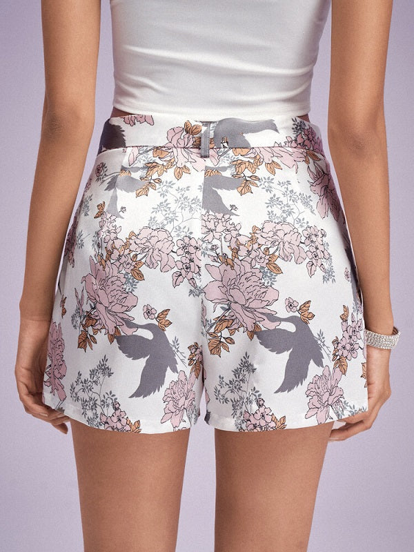 Flower Print Pocket Shorts With Belt Mssza