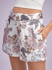 Flower Print Pocket Shorts With Belt Mssza