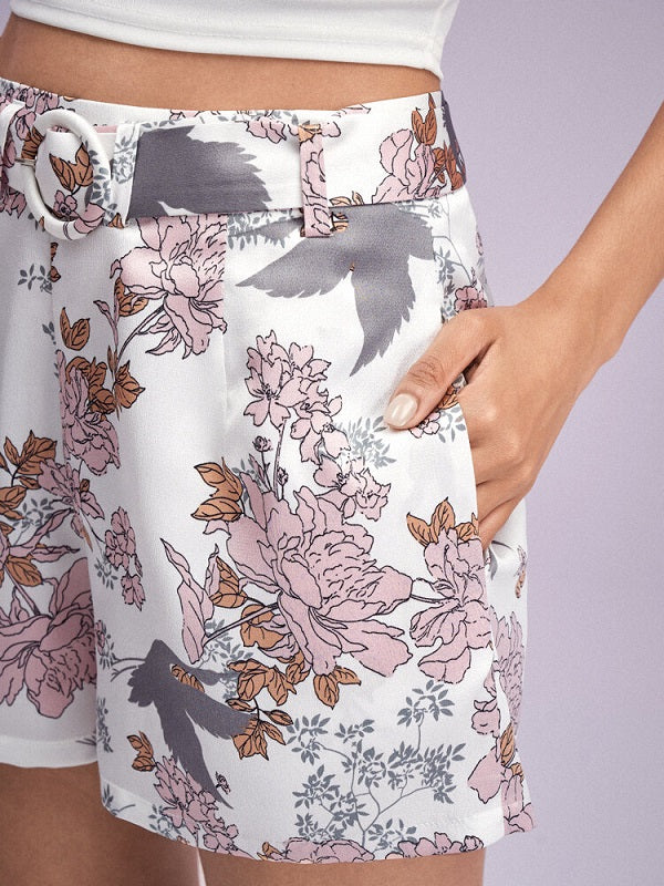 Flower Print Pocket Shorts With Belt Mssza