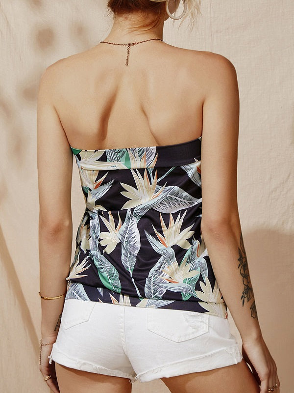 Random Leaf Print Backless Design Pleated Tube Tank Top Mssza