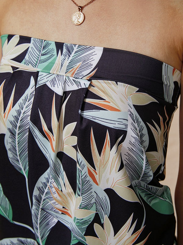Random Leaf Print Backless Design Pleated Tube Tank Top Mssza