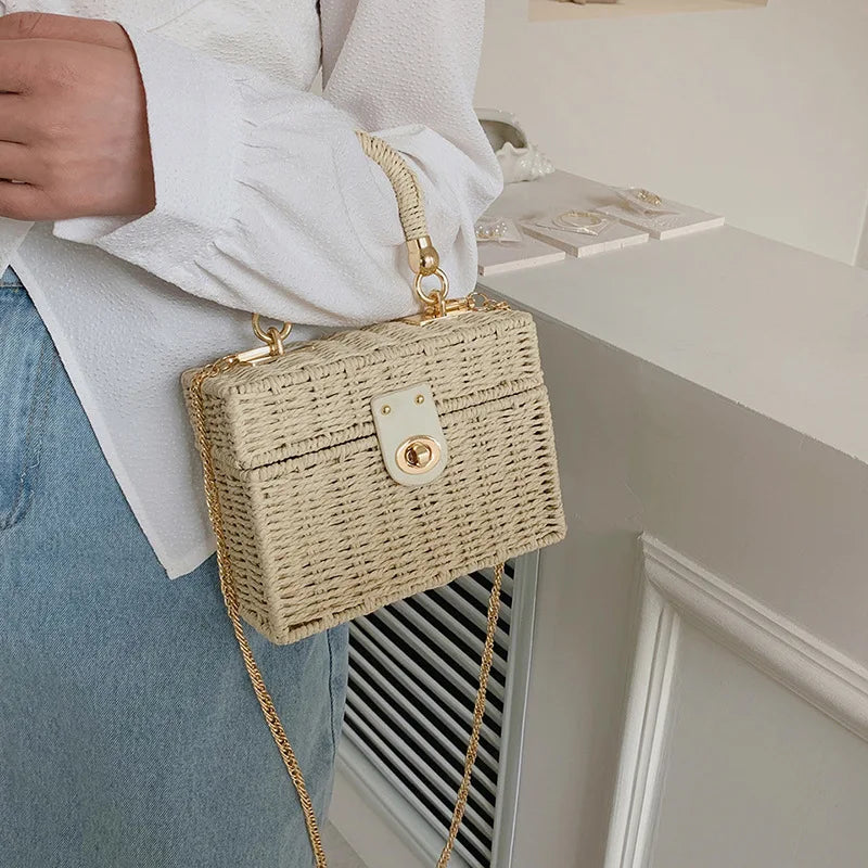 Rattan Straw Woven Chain Travel Beach Crossbody Shoulder Box Small Handbags Mssza