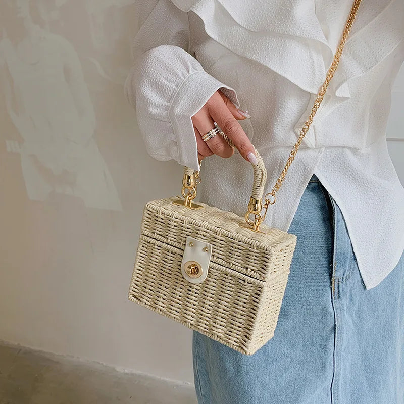 Rattan Straw Woven Chain Travel Beach Crossbody Shoulder Box Small Handbags Mssza