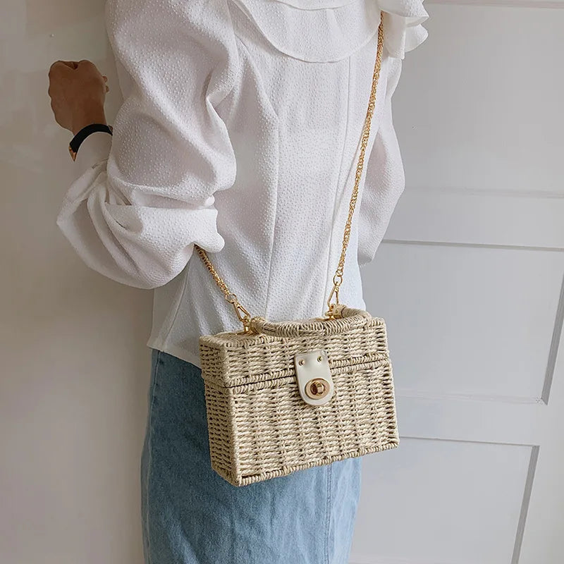 Rattan Straw Woven Chain Travel Beach Crossbody Shoulder Box Small Handbags Mssza
