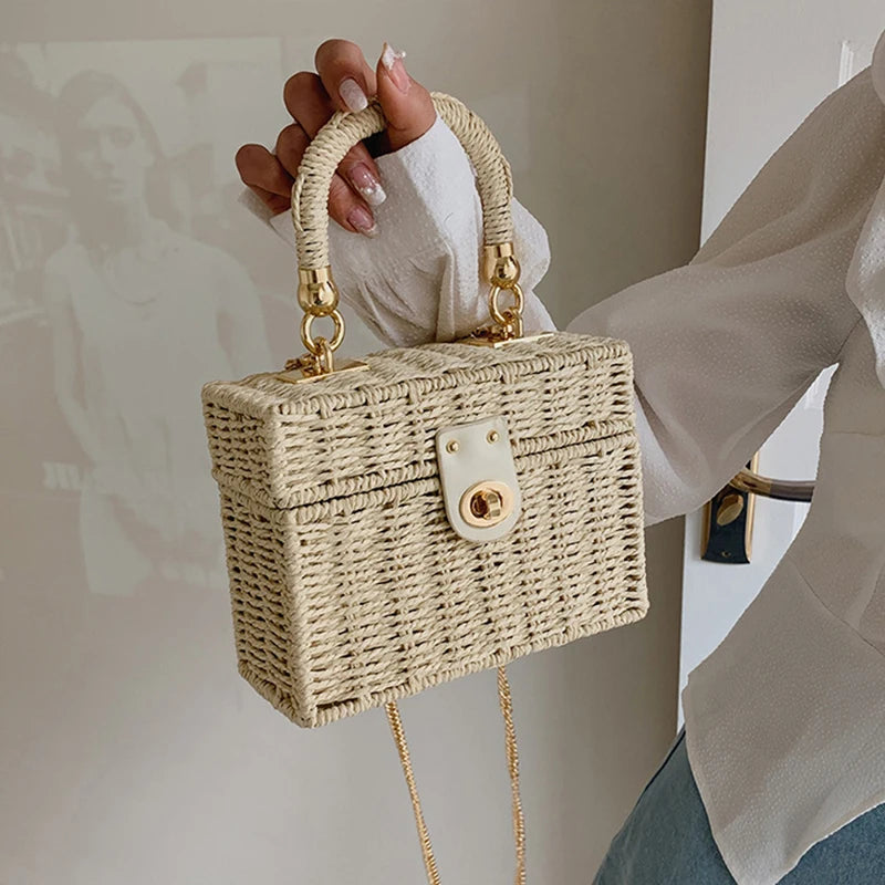 Rattan Straw Woven Chain Travel Beach Crossbody Shoulder Box Small Handbags Mssza