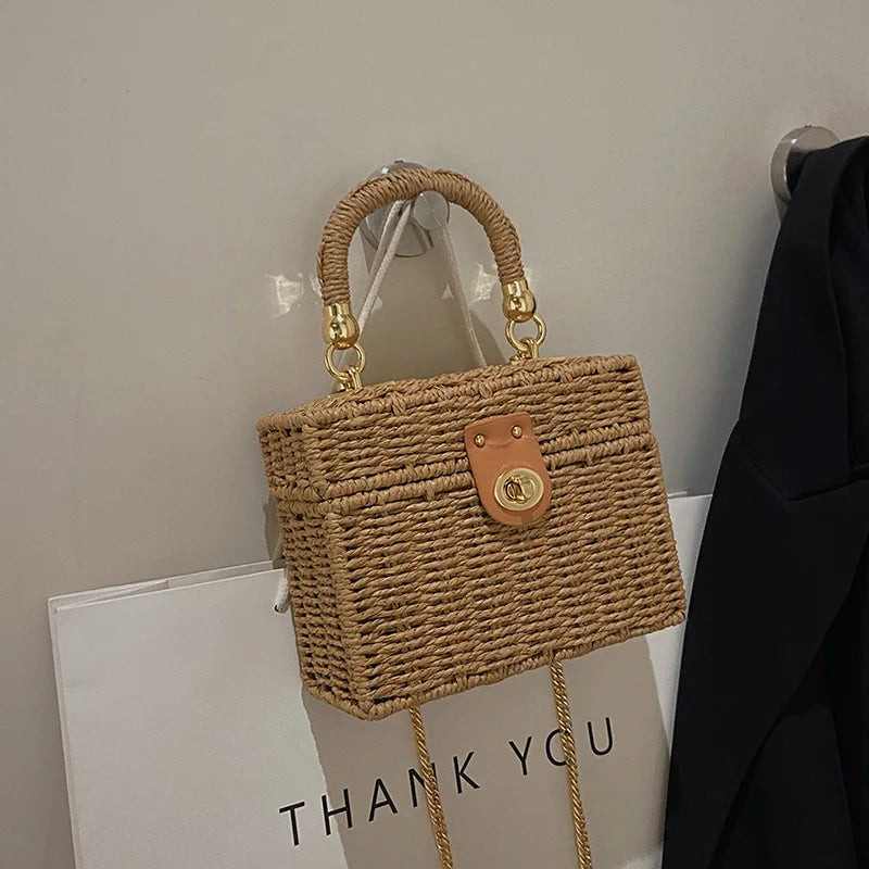 Rattan Straw Woven Chain Travel Beach Crossbody Shoulder Box Small Handbags Mssza