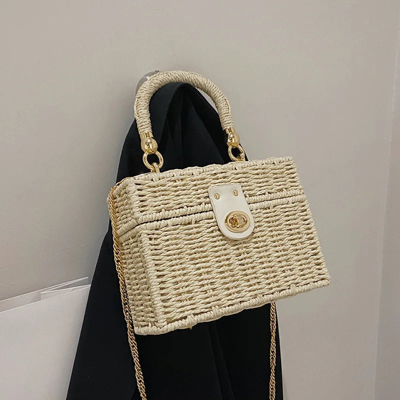 Rattan Straw Woven Chain Travel Beach Crossbody Shoulder Box Small Handbags Mssza