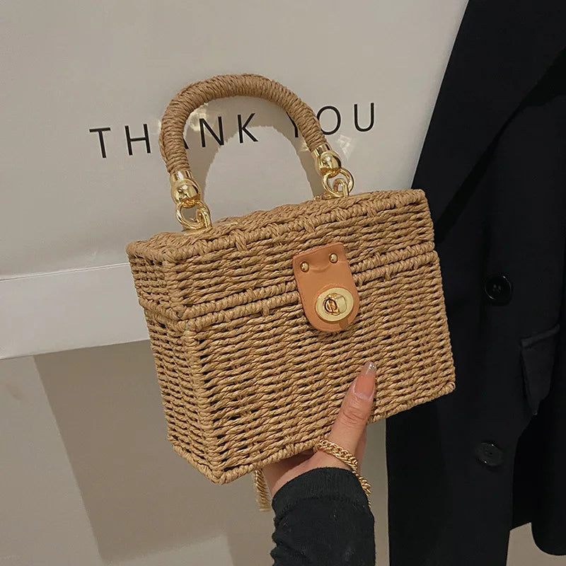 Rattan Straw Woven Chain Travel Beach Crossbody Shoulder Box Small Handbags Mssza