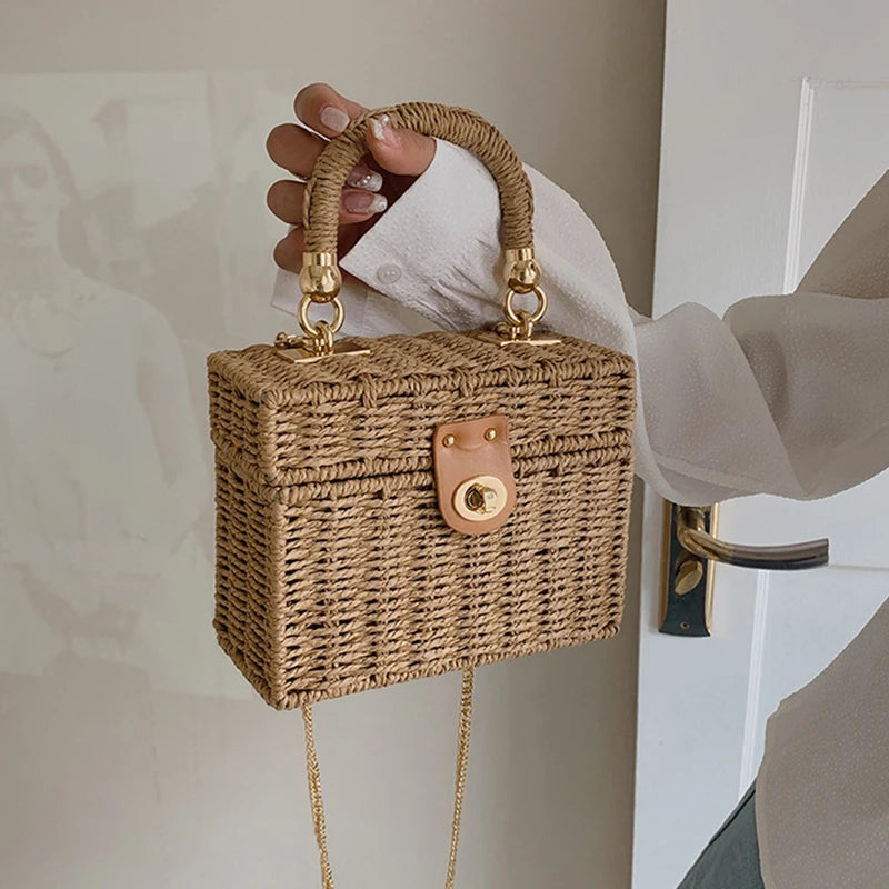 Rattan Straw Woven Chain Travel Beach Crossbody Shoulder Box Small Handbags Mssza