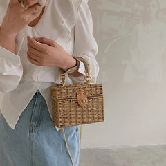 Rattan Straw Woven Chain Travel Beach Crossbody Shoulder Box Small Handbags Mssza