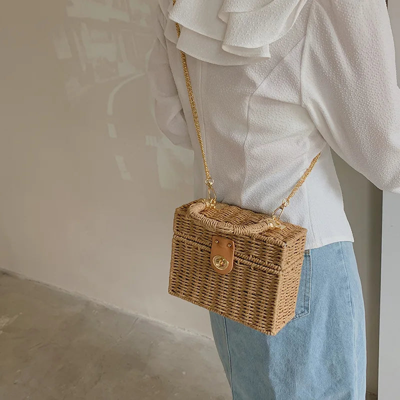 Rattan Straw Woven Chain Travel Beach Crossbody Shoulder Box Small Handbags Mssza