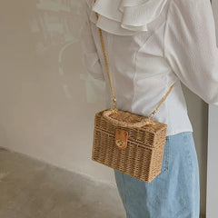 Rattan Straw Woven Chain Travel Beach Crossbody Shoulder Box Small Handbags Mssza