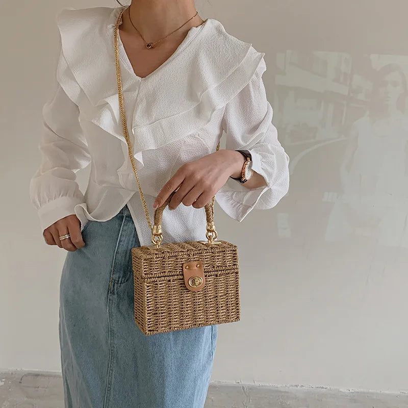 Rattan Straw Woven Chain Travel Beach Crossbody Shoulder Box Small Handbags Mssza