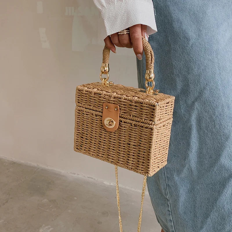 Rattan Straw Woven Chain Travel Beach Crossbody Shoulder Box Small Handbags Mssza