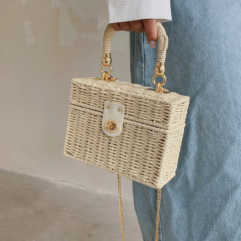 Rattan Straw Woven Chain Travel Beach Crossbody Shoulder Box Small Handbags Mssza