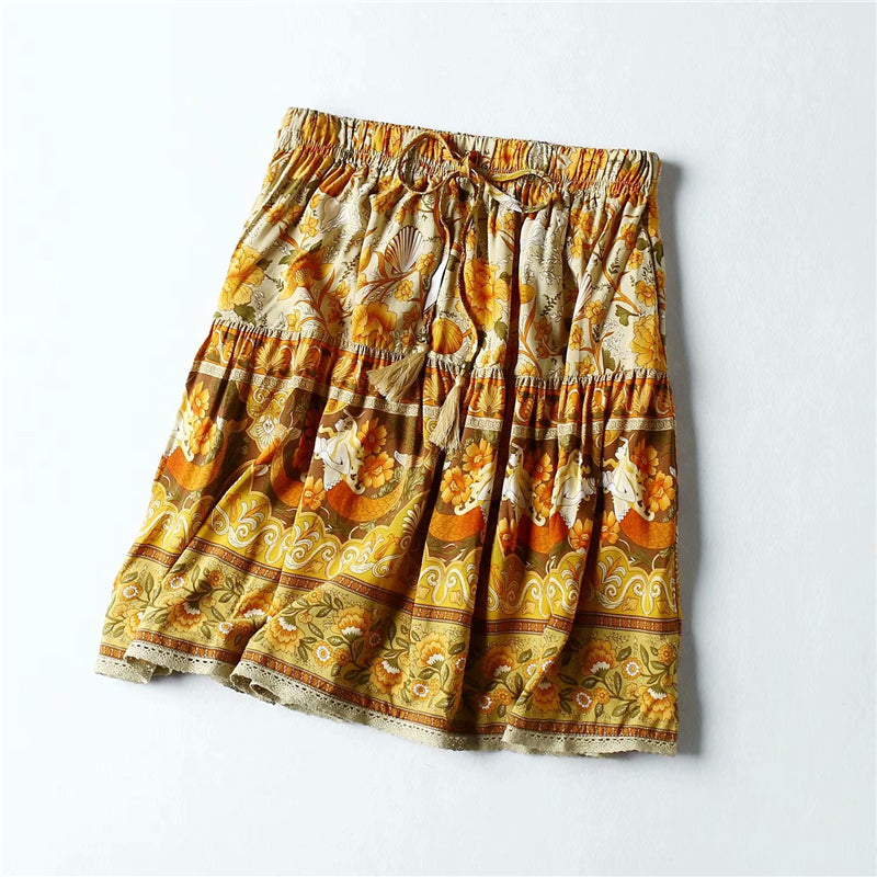 Rayon cotton elastic waist mini boho skirt Mssza