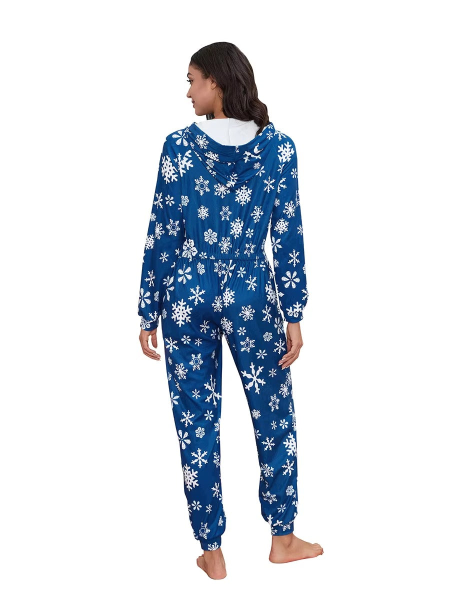 Casual Print Long Sleeve Hooded with Pockets Christmas Pajamas Jumpsuit Mssza