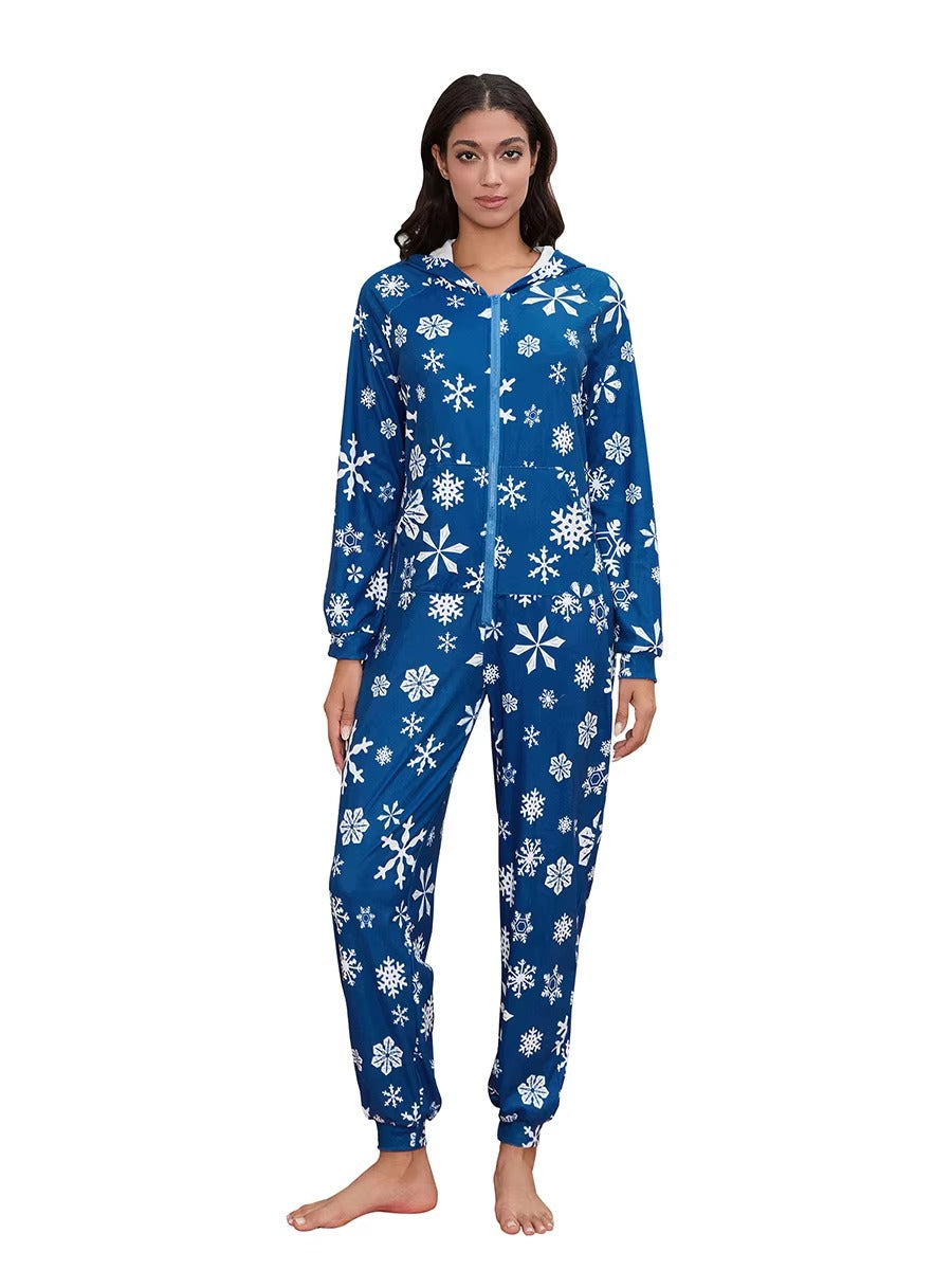Casual Print Long Sleeve Hooded with Pockets Christmas Pajamas Jumpsuit Mssza