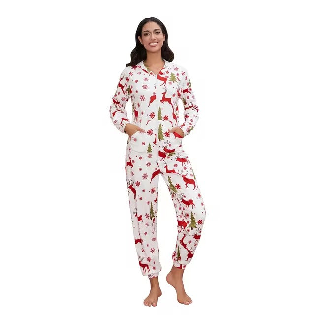 Christmas Print Long Sleeve Hooded with Pockets Pajamas Jumpsuit Mssza