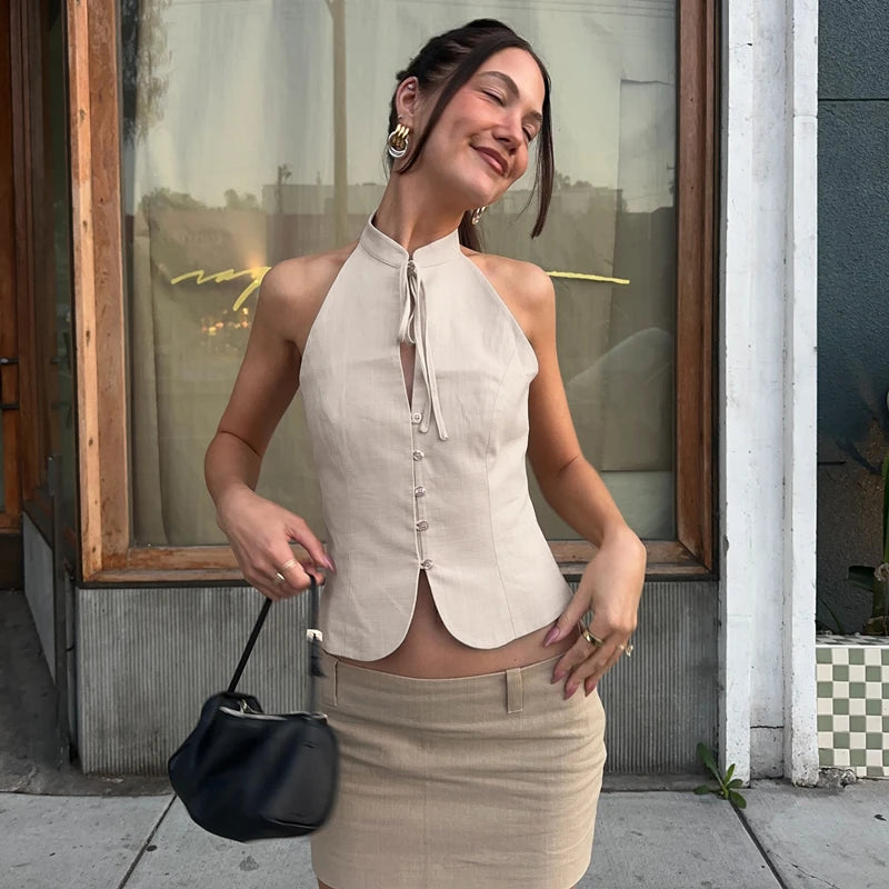 Retro Buttons O Neck Sweet Daily Lace Up Backless Sleeveless Tank Top Mssza