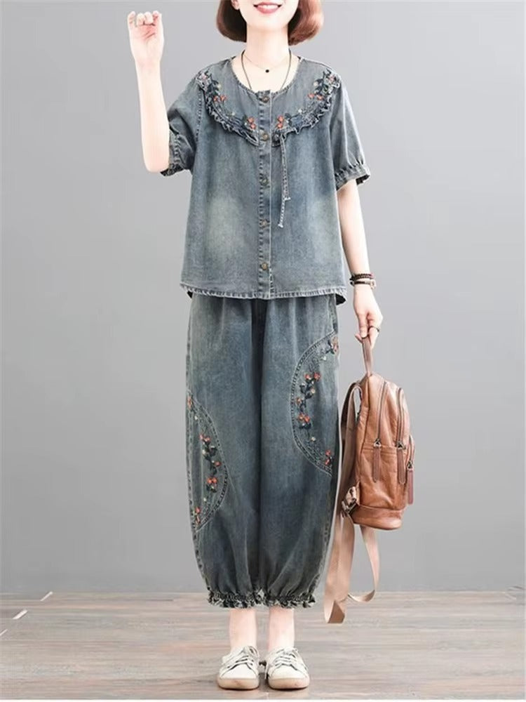 Retro Casual Loose Denim Shirt Elastic Waist Jeans Pants 2PCS Large Size Suit Mssza
