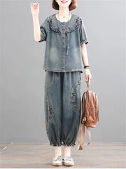 Retro Casual Loose Denim Shirt Elastic Waist Jeans Pants 2PCS Large Size Suit Mssza