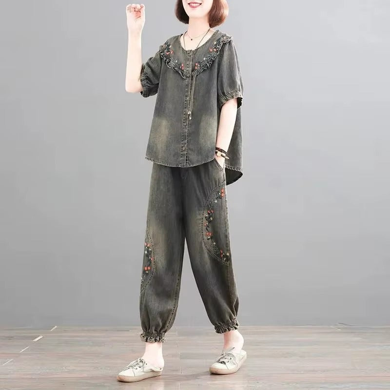 Retro Casual Loose Denim Shirt Elastic Waist Jeans Pants 2PCS Large Size Suit Mssza