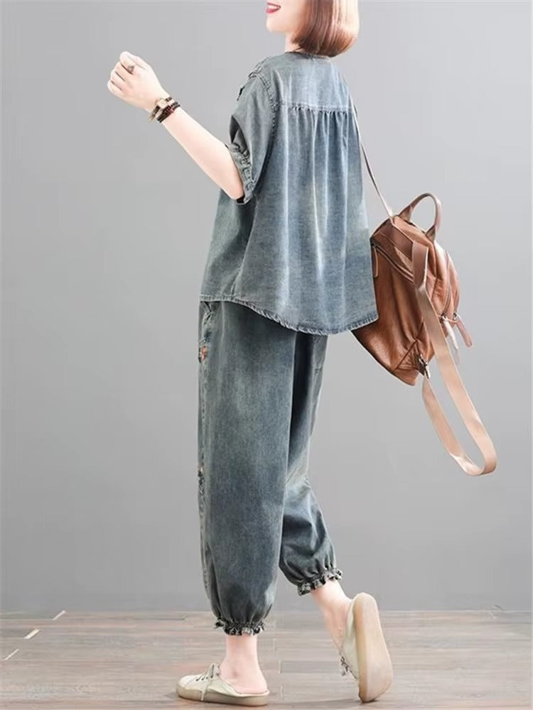 Retro Casual Loose Denim Shirt Elastic Waist Jeans Pants 2PCS Large Size Suit Mssza