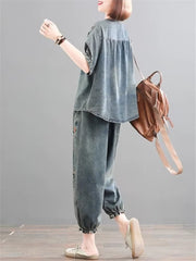 Retro Casual Loose Denim Shirt Elastic Waist Jeans Pants 2PCS Large Size Suit Mssza