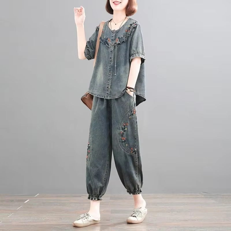 Retro Casual Loose Denim Shirt Elastic Waist Jeans Pants 2PCS Large Size Suit Mssza