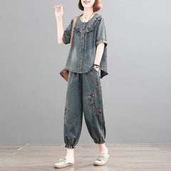 Retro Casual Loose Denim Shirt Elastic Waist Jeans Pants 2PCS Large Size Suit Mssza